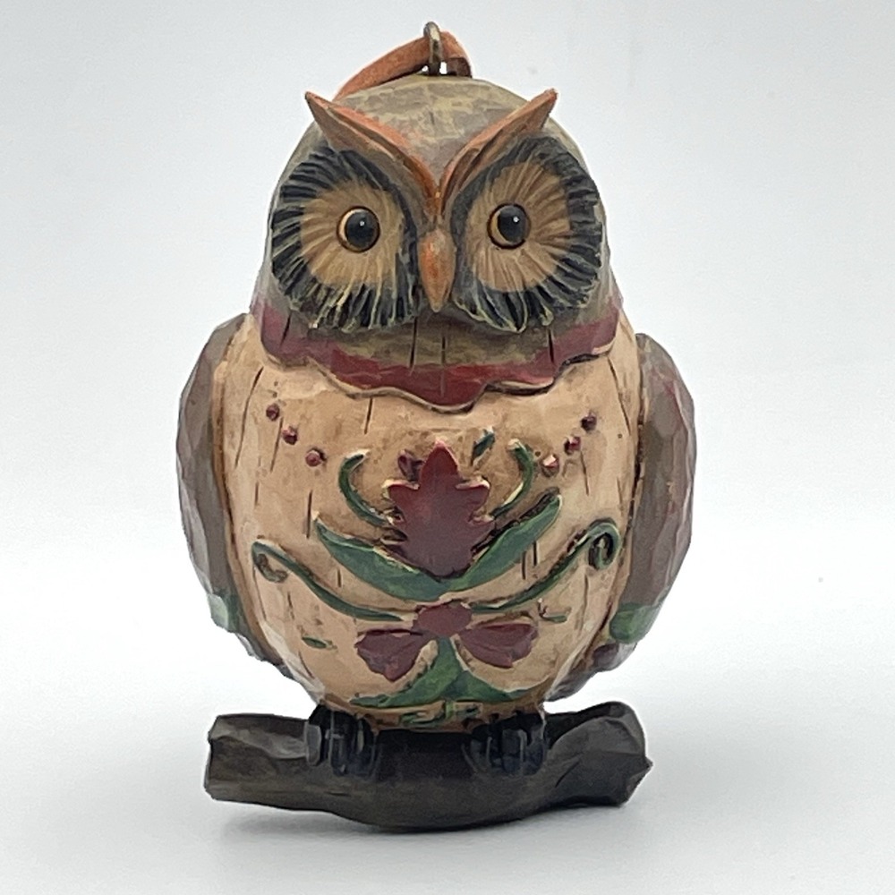 Vintage Hand Painted‎ Resin Owl Ornament Wood Carved Look Hanging Decor 3"